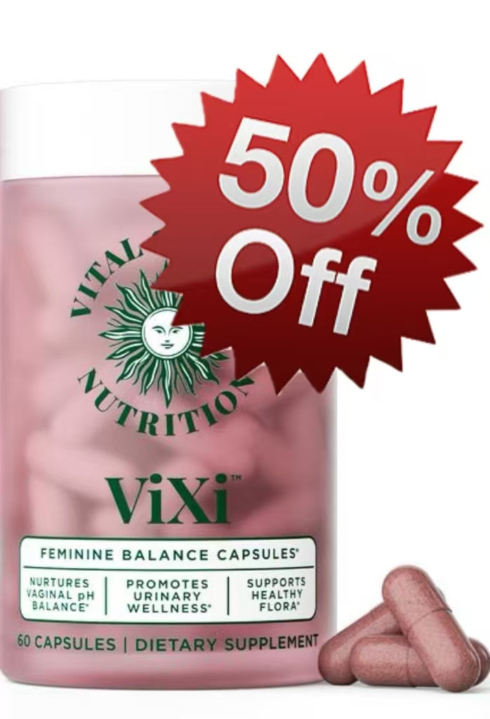 Feminine Balance Capsules by ViXi from Vital Source Nutrition, showing a bottle of dietary supplement capsules for women.