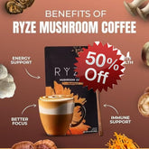 Healthova RYZE Superfoods Mushroom Coffee Dark Roast with Lions Mane and Turkey Tail, 30 servings, supports energy, focus, digestion, and immunity.