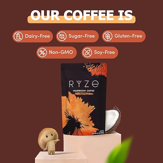 Healthova RYZE Superfoods Mushroom Coffee Dark Roast with Lions Mane and Turkey Tail, 30 servings, energizes and supports digestion.
