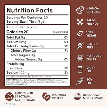 Healthova RYZE Mushroom Coffee Dark Roast with Lions Mane and Turkey Tail, 30 servings, supporting energy, focus, digestion, and immunity.