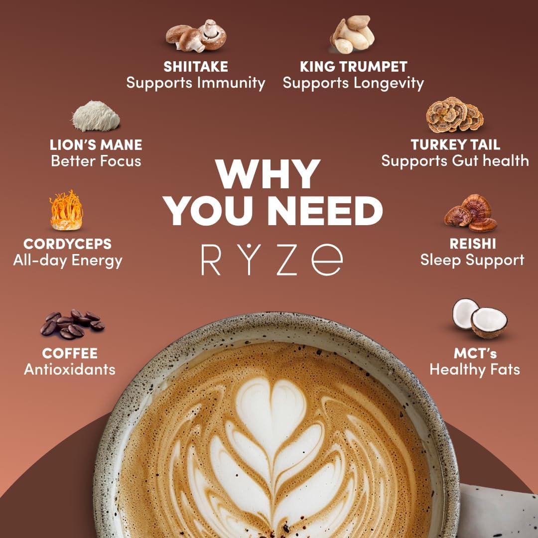 Healthova RYZE Superfoods Mushroom Coffee Dark Roast with Lions Mane and Turkey Tail, 30 servings, supports energy, focus, digestion, and immunity.
