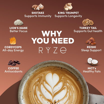 Healthova RYZE Superfoods Mushroom Coffee Dark Roast with Lions Mane and Turkey Tail, 30 servings, supports energy, focus, digestion, and immunity.