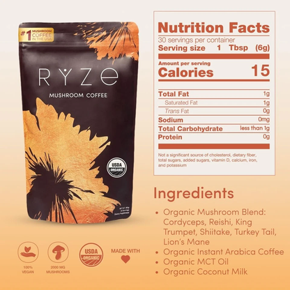 Healthova RYZE SUPERFOODS Mushroom Coffee Dark Roast with Lions Mane and Turkey Tail, 30 servings, supports energy, focus, digestion, immunity.