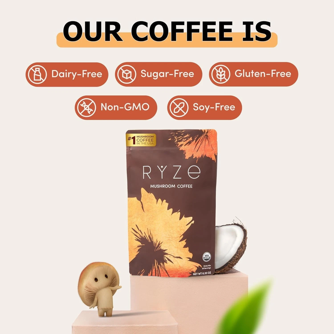Healthova RYZE SUPERFOODS Mushroom Coffee Dark Roast with Lions Mane, Turkey Tail, 30 servings, featuring adaptogenic mushrooms and prebiotic blend.