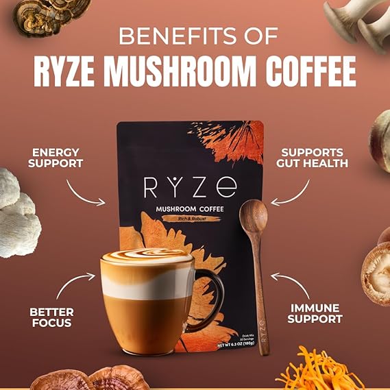 Healthova RYZE SUPERFOODS Mushroom Coffee Dark Roast with Lions Mane and Turkey Tail, 30 servings, supports energy, focus, digestion, and immunity.