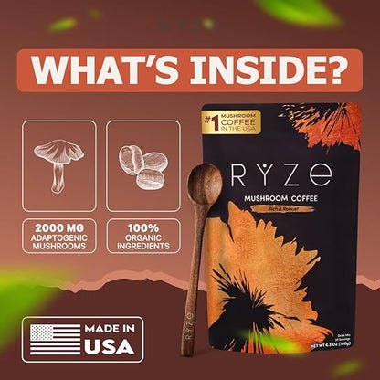 Healthova RYZE SUPERFOODS Mushroom Coffee Dark Roast with Lions Mane and Turkey Tail, 30 servings, supports energy, focus, digestion, and immunity.
