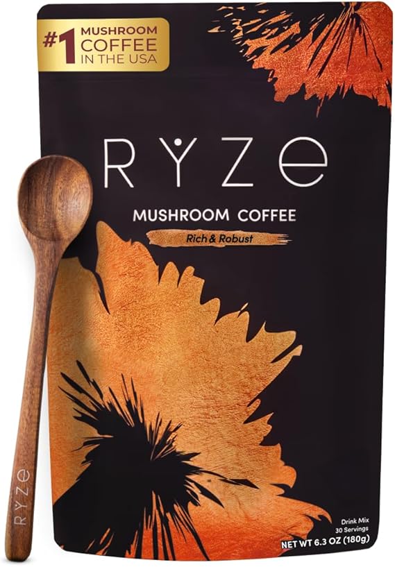 Healthova RYZE Superfoods Mushroom Coffee Dark Roast with Lions Mane and Turkey Tail, 30 servings, supports energy, focus, digestion, and immunity.