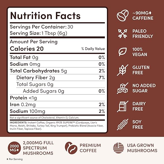 Healthova RYZE SUPERFOODS Mushroom Coffee Dark Roast with Lions Mane and Turkey Tail, 30 servings, supports energy, focus, digestion, and immunity.
