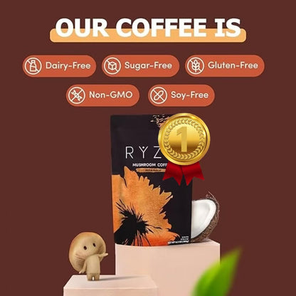 Healthova RYZE Superfoods Mushroom Coffee Dark Roast with lions mane and turkey tail, featuring adaptogenic mushrooms and prebiotic blend.