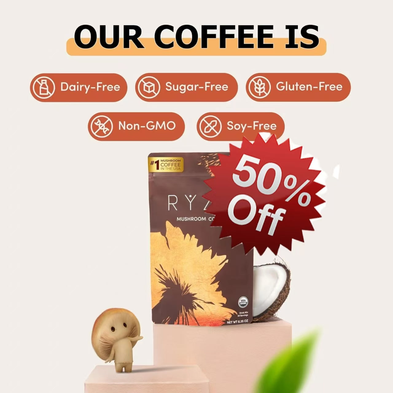 Healthova RYZE Superfoods Mushroom Coffee Dark Roast with Lions Mane and Turkey Tail, 30 servings, supports energy, focus, digestion, immunity.