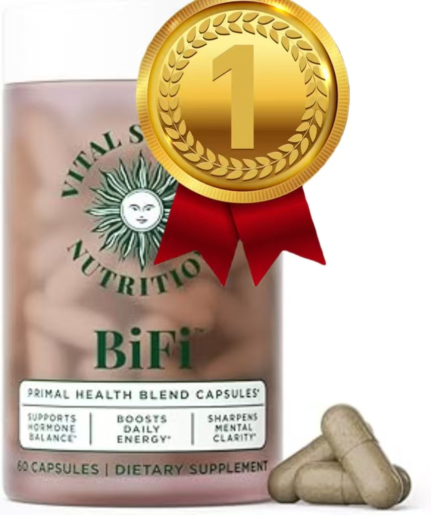 Vital Source Nutrition-BiFi Primal Health Blend capsules by Healthova, showing the supplement bottle and capsules outside the container.