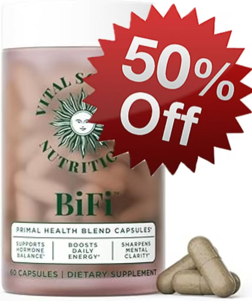 Vital Source Nutrition BiFi Primal Health Blend capsules by Healthova, showing the bottle and capsules in a natural setting.