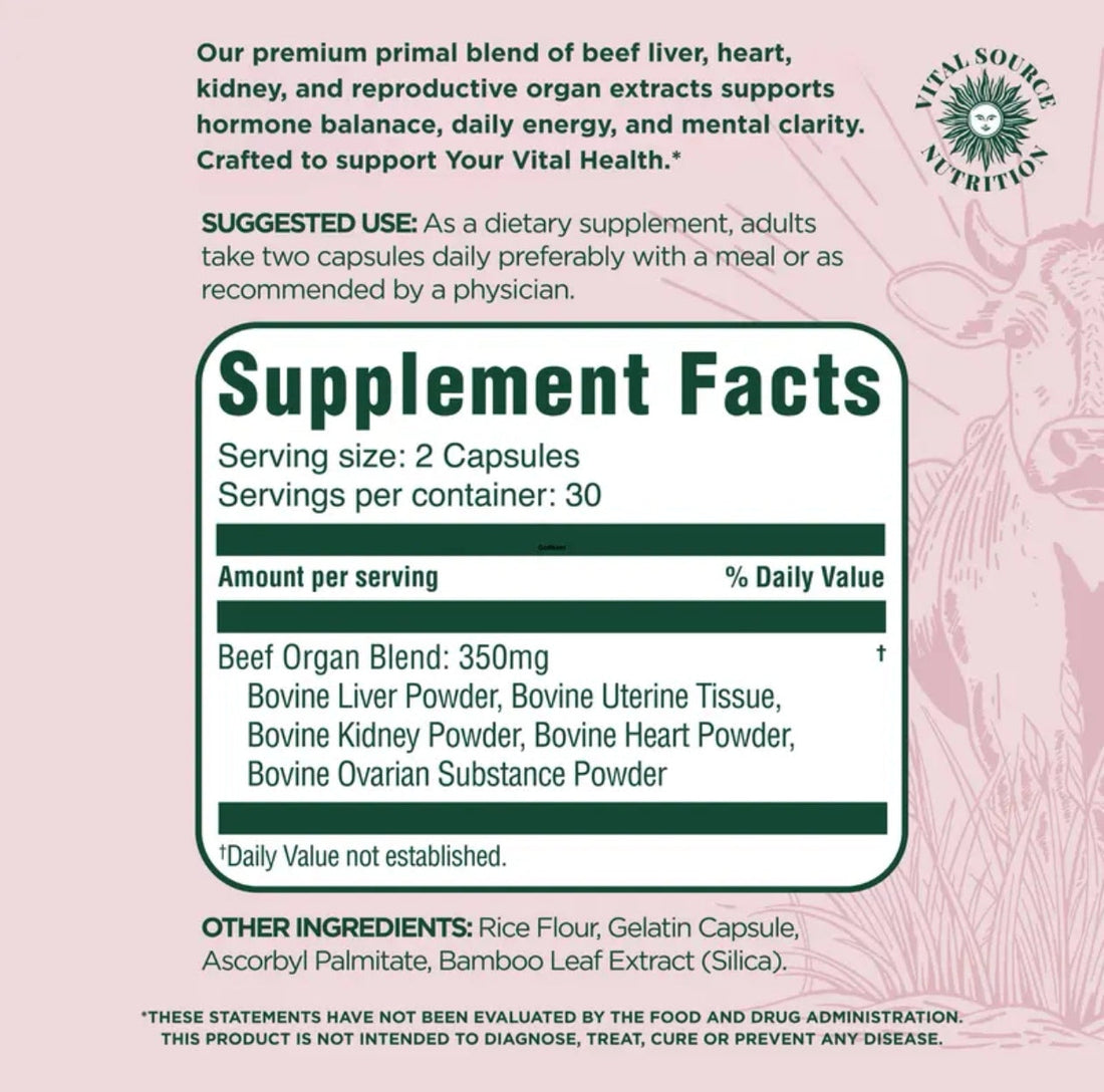 Vital Source Nutrition-BiFi Primal Health Blend capsules by Healthova, showing a bottle of dietary supplement capsules.