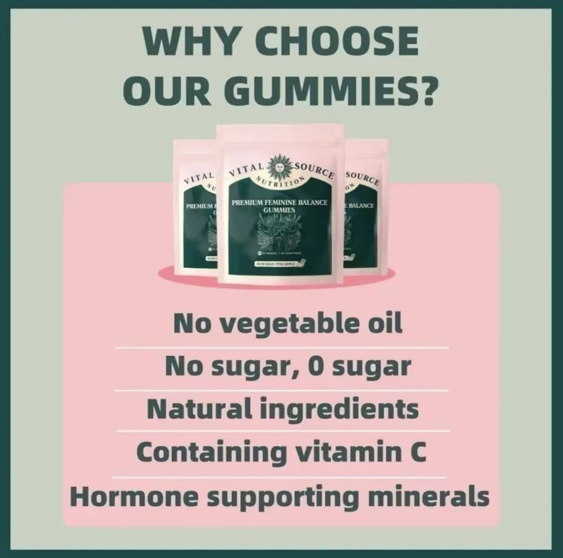 Vital Source Nutrition Premium Feminine Balance Gummies by Healthova, Hawaiian pineapple flavor, 60 vegan, gluten-free, halal gummies.