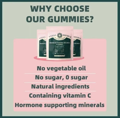 Vital Source Nutrition Premium Feminine Balance Gummies by Healthova, Hawaiian pineapple flavor, 60 vegan, gluten-free, halal gummies.
