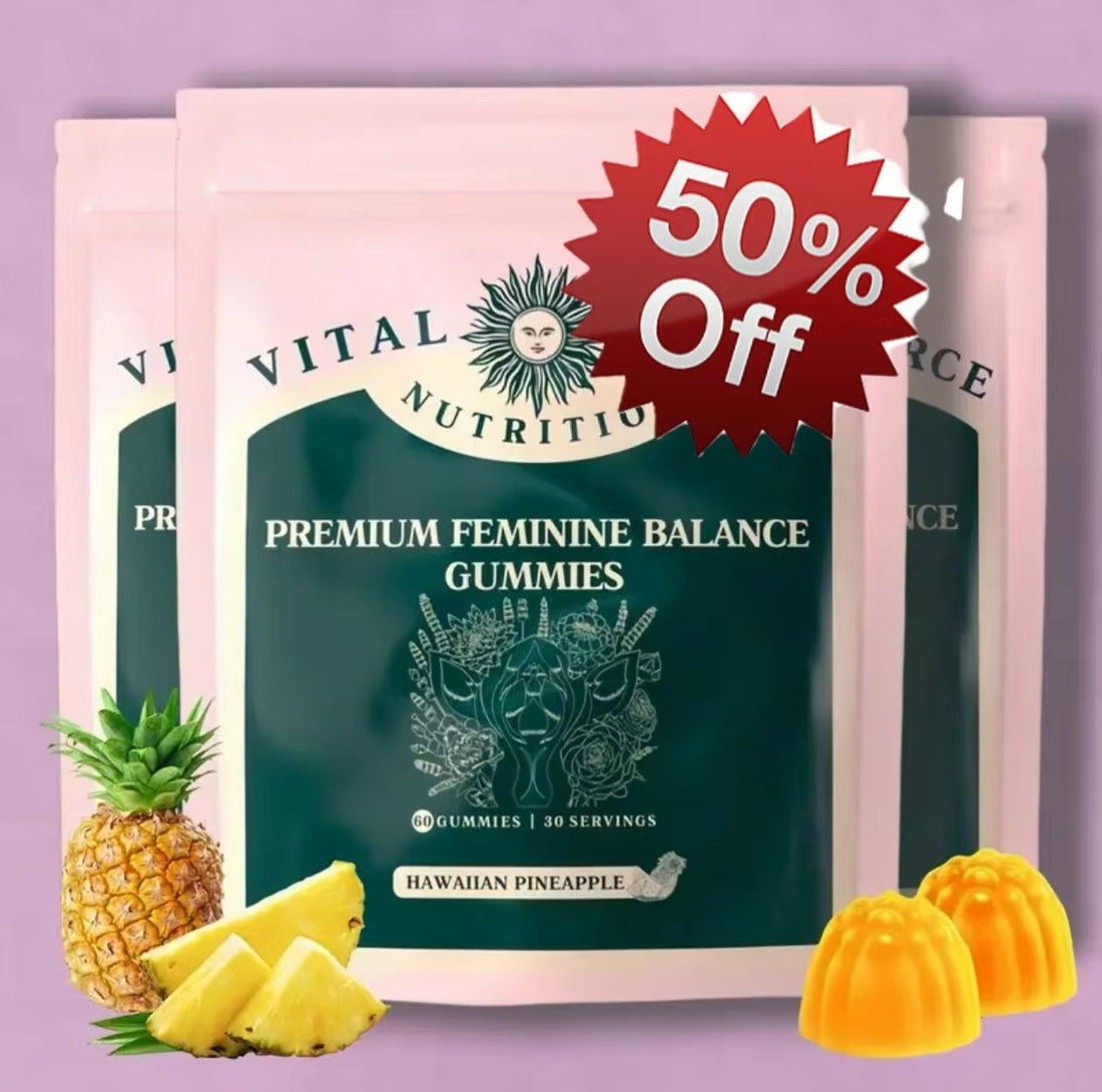 Vital Source Nutrition Feminine Balance Gummies by Healthova, vegan pineapple-flavored women’s health and immune support supplement, 60 gummies.