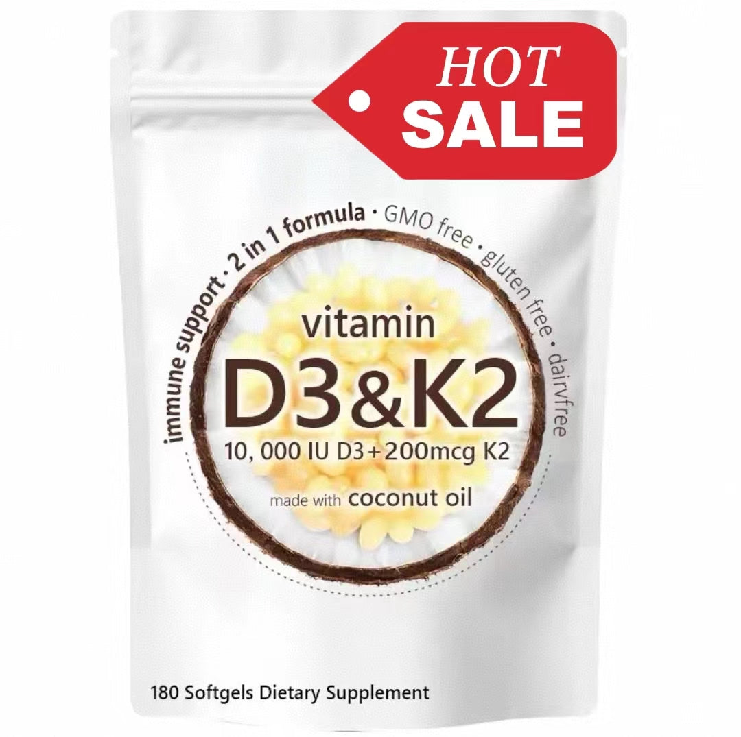 Healthova Vitamin D3 K2 supplement softgels in a clear bottle, showing yellow softgel capsules for bone and immune support.