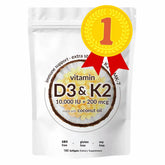 Healthova Vitamin D3 K2 supplement softgels in a clear bottle, showing the softgel capsules inside.