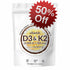 Healthova vitamin D3 K2 supplement softgels in clear bottles, showcasing the softgel capsules and label.