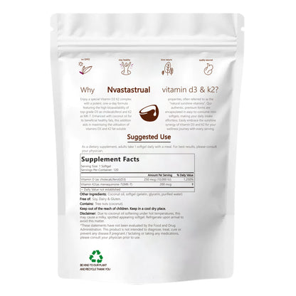 Healthova Vitamin D3 K2 supplement softgels showing a bottle with softgel capsules inside.