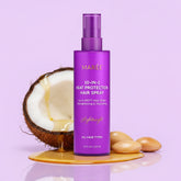 Maree heat styling protective hair spray applied to hair, providing heat damage protection and a glossy finish.