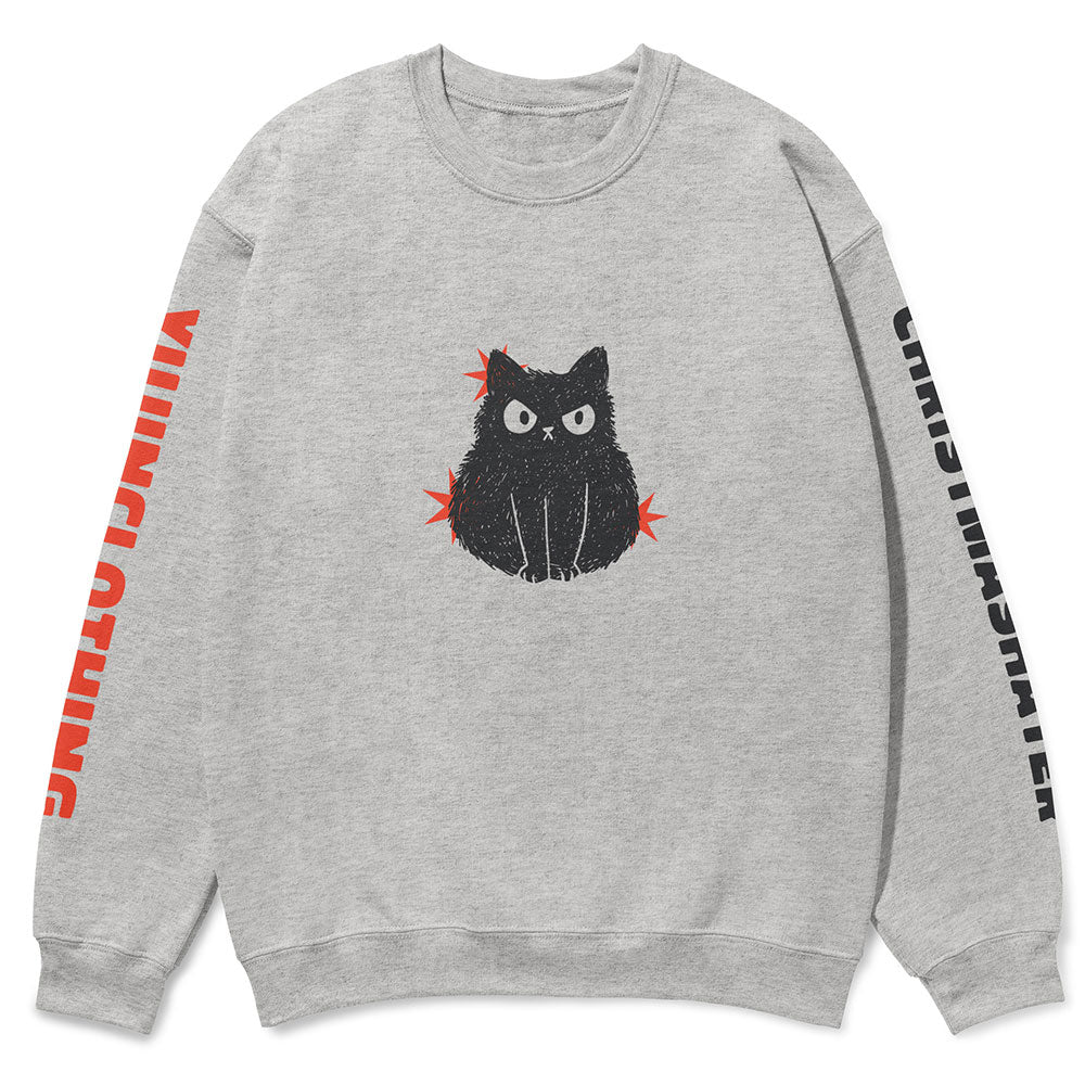 Yūjin Clothing Christmas Hater Cat sweatshirt featuring a festive design with a grumpy cat illustration on cozy fabric.