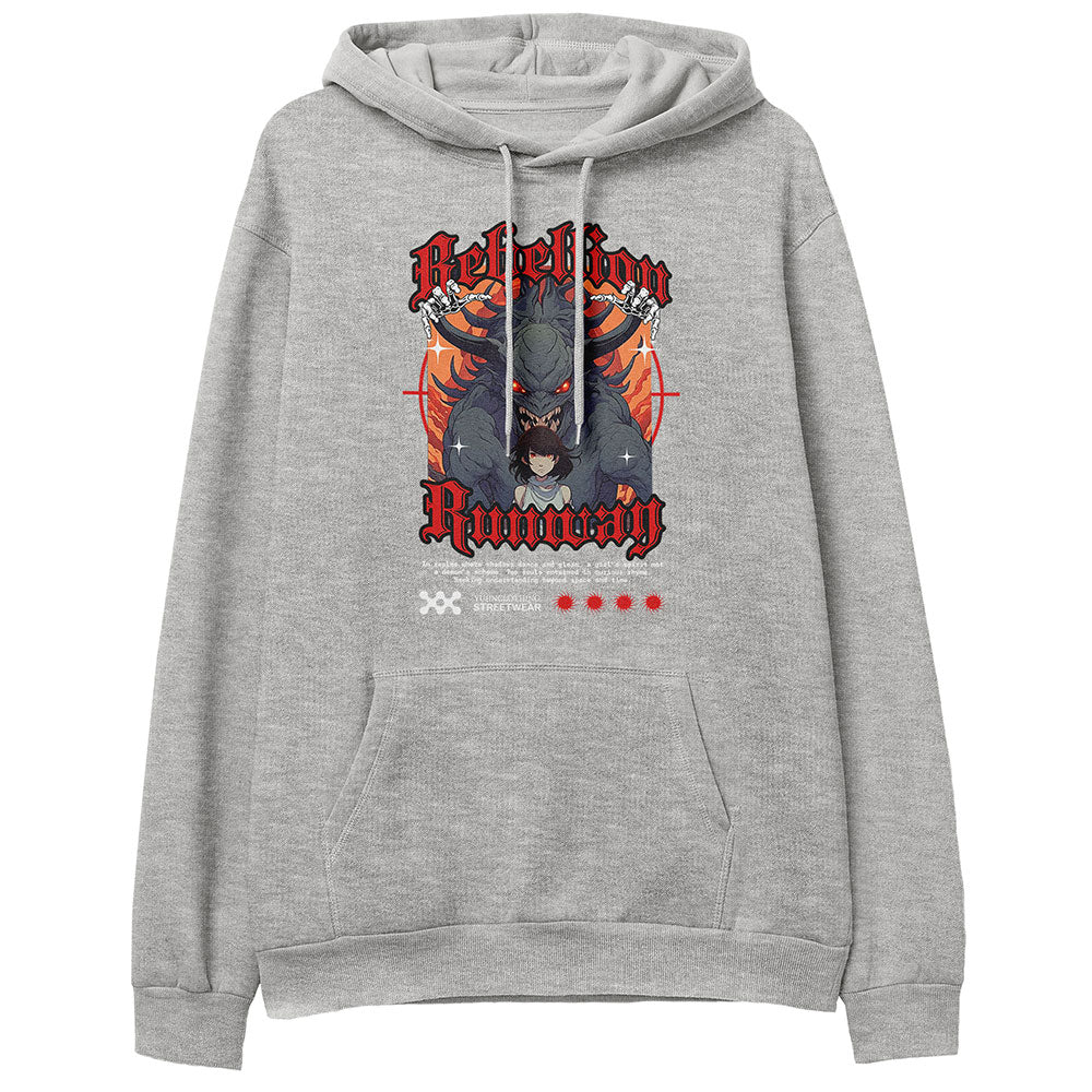 Yūjin Clothing Rebellion Hoodie featuring a comfortable fit with bold graphic design and soft fabric in black.