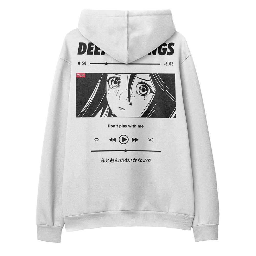 Black Yūjin Clothing Deep Feelings hoodie with front pocket and drawstring hood, casual and comfortable for everyday wear.