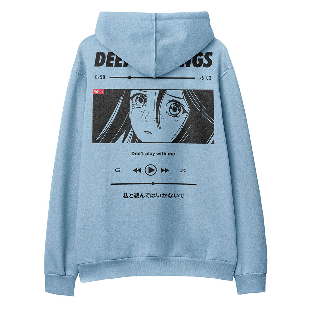 Yūjin Clothing Deep Feelings hoodie featuring a comfortable fit and stylish design, displayed on a hanger against a white background.