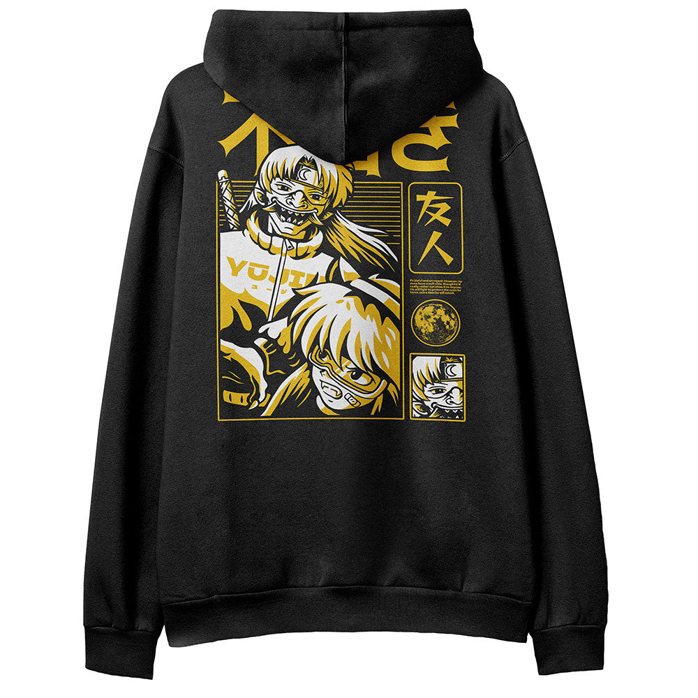 Yūjin Clothing Prideful Hoodie, soft black hoodie with colorful pride flag design on the front, casual and comfortable streetwear.