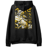 Yūjin Clothing Prideful Hoodie, soft black hoodie with colorful pride flag design on the front, casual and comfortable streetwear.
