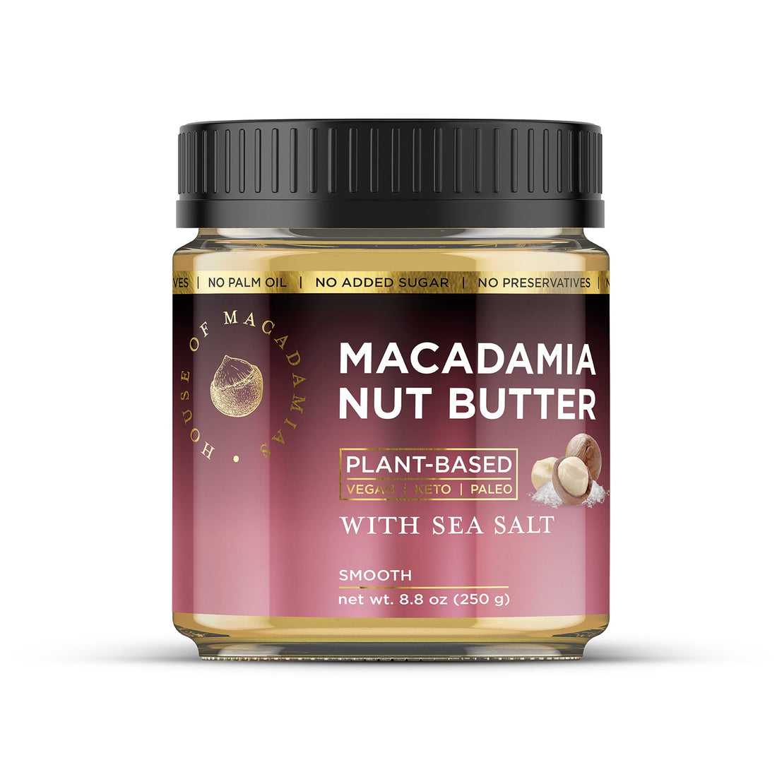 House of Macadamias sea salt macadamia nut butter jar with label, showcasing creamy nut spread with sea salt flavor.