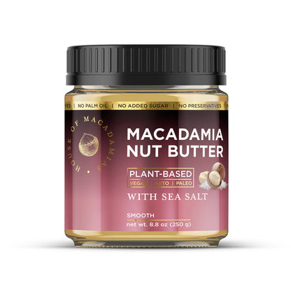 House of Macadamias sea salt macadamia nut butter jar with label, showcasing creamy nut spread with sea salt flavor.