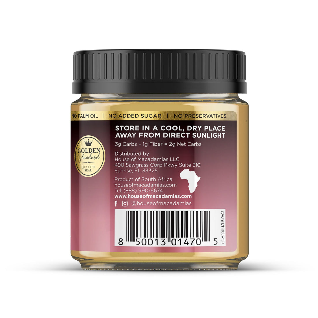 House of Macadamias sea salt flavored macadamia nut butter jar, creamy texture, with label visible and sea salt ingredients.