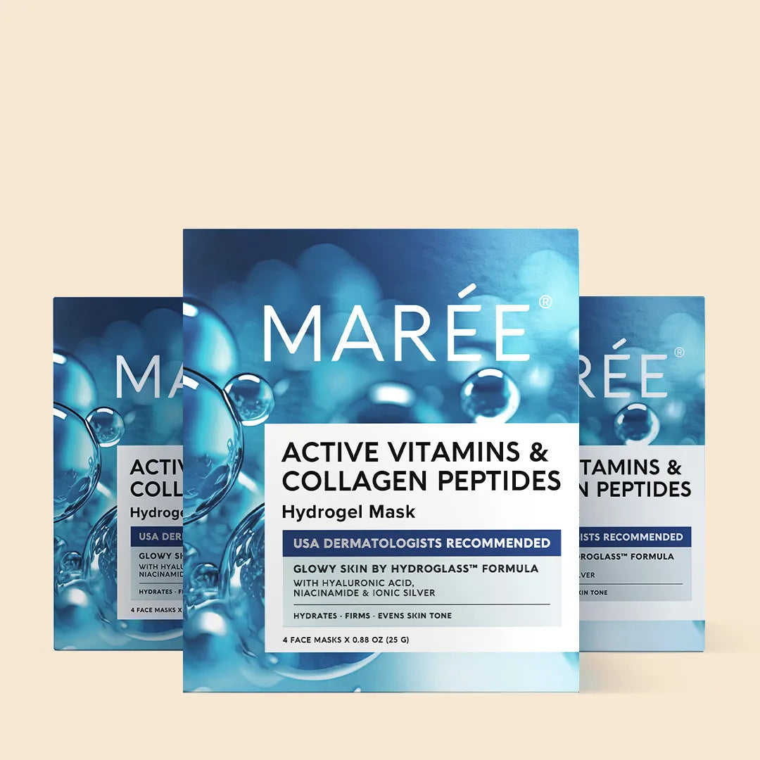 Maree Hydrogel Collagen Face Mask showing a soothing, gel-like mask applied to a woman&