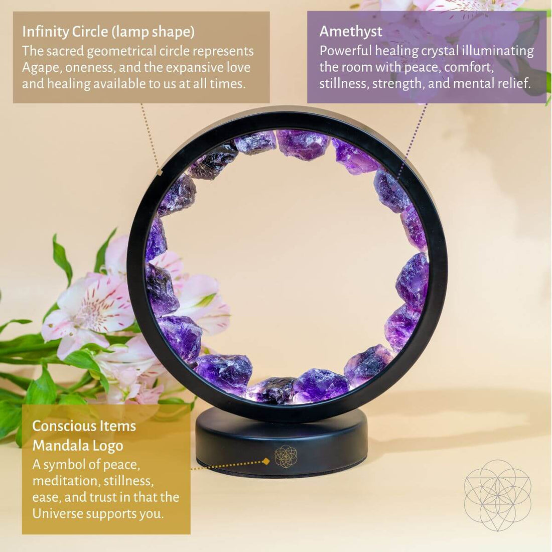 Spiritual protection amethyst night light from Conscious Items featuring a polished amethyst crystal lamp for calming ambiance.