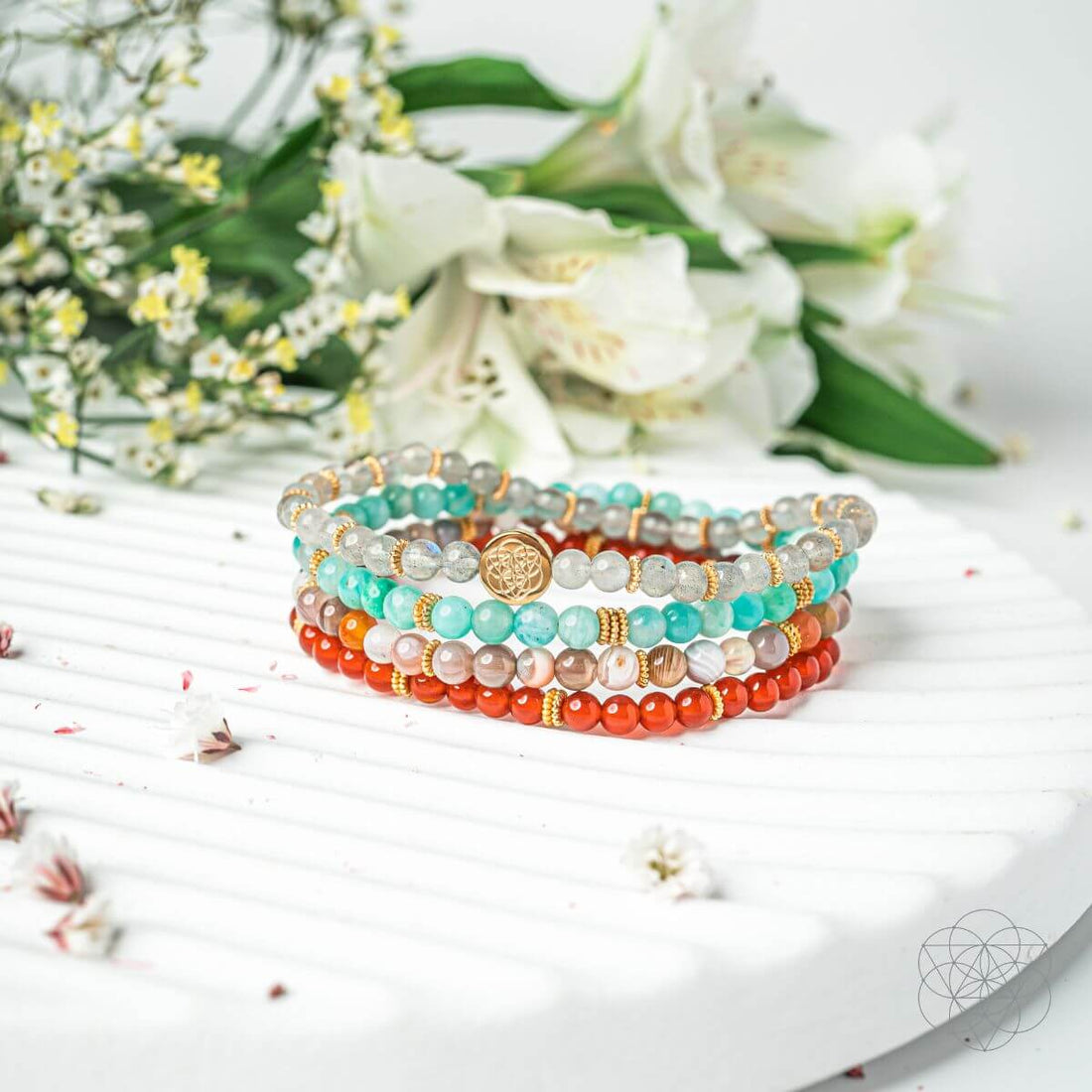 Set of four Conscious Items I Am Healthy bracelets for mind, body, and spirit restoration, featuring colorful beaded designs.