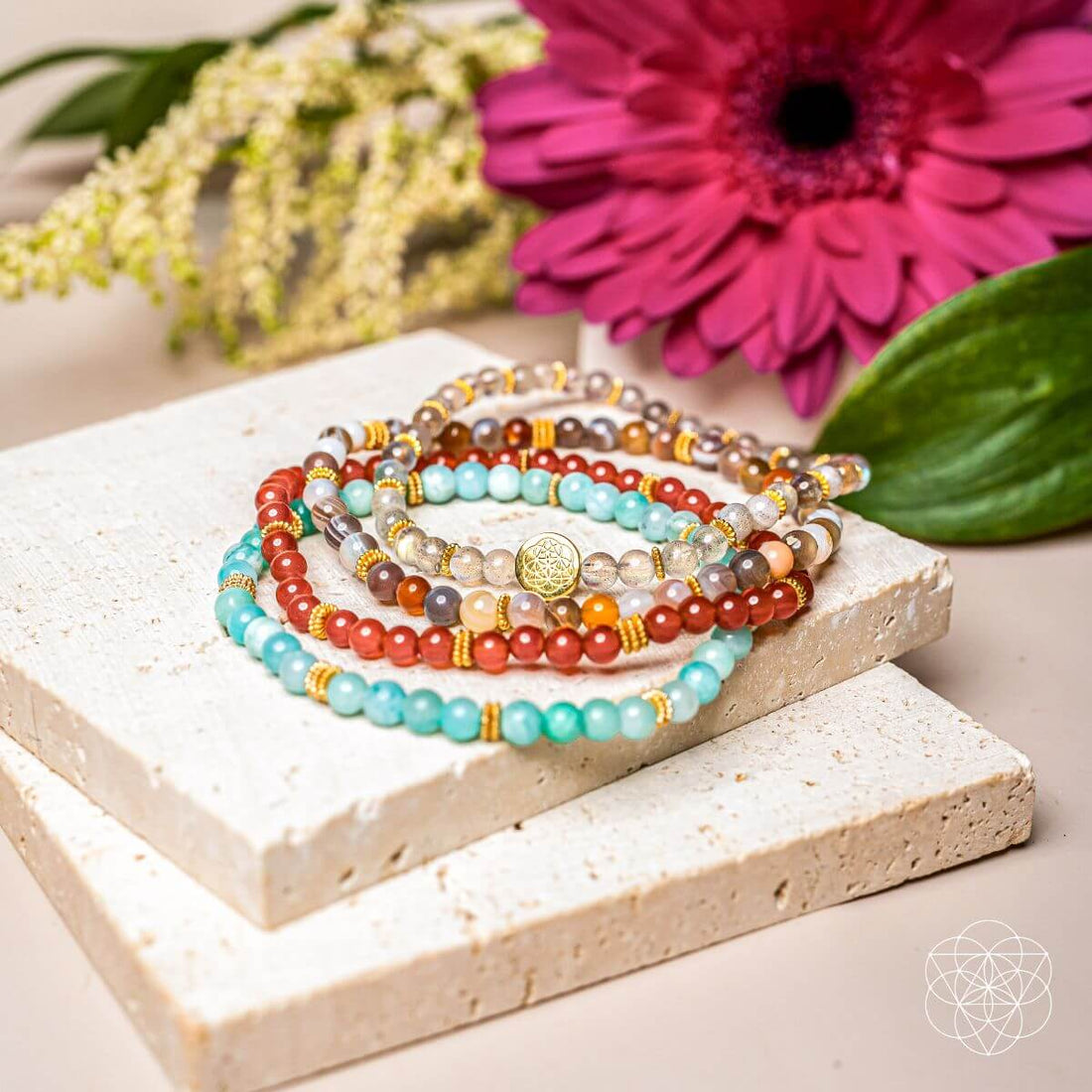 Set of four Conscious Items I Am Healthy bracelets for mind, body, and spirit restoration, featuring colorful beaded designs.