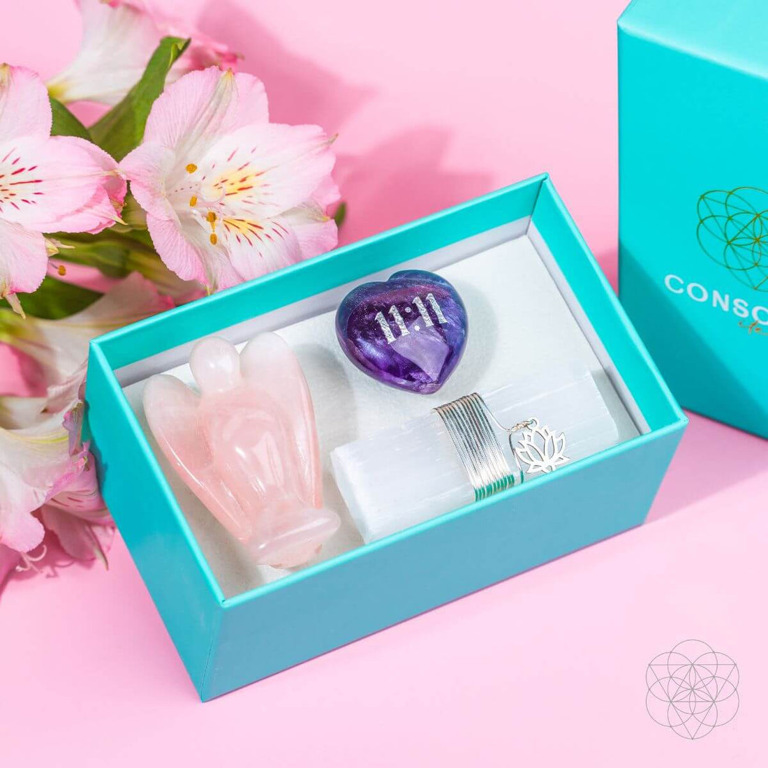 Conscious Items I Am Very Lucky 11:11 Blessed Car Crystal Kit with various crystals in a clear container for positivity.