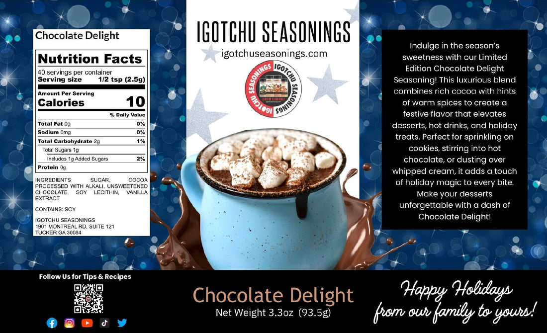 Igotchu Seasonings Chocolate Delight 5.5 oz holiday limited edition label with festive design and product details visible.