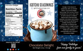 Igotchu Seasonings Chocolate Delight 5.5 oz holiday limited edition label with festive design and product details visible.