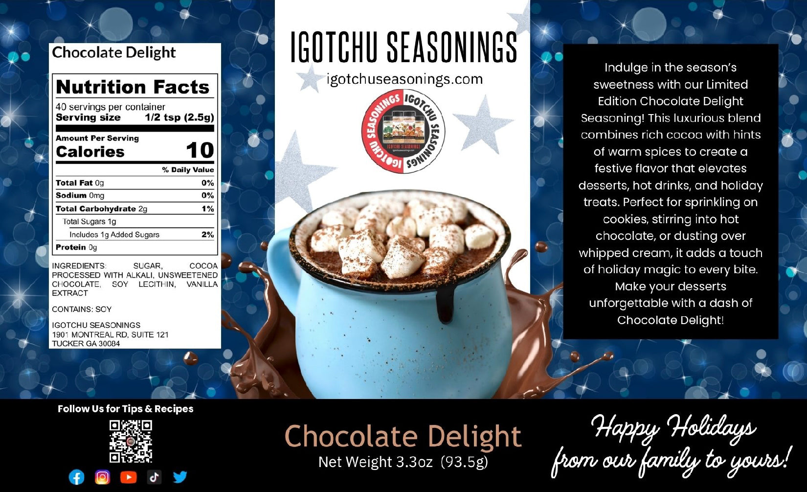 Igotchu Seasonings Chocolate Delight 5.5 oz holiday limited edition label with festive design and product details visible.