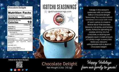 Igotchu Seasonings Chocolate Delight 5.5 oz holiday limited edition label with festive design and product details visible.
