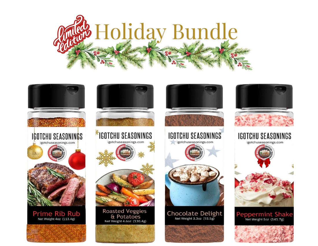 Limited edition holiday 5.5 oz spice bundle from Igotchu Seasonings, featuring a variety of seasonings in festive packaging.