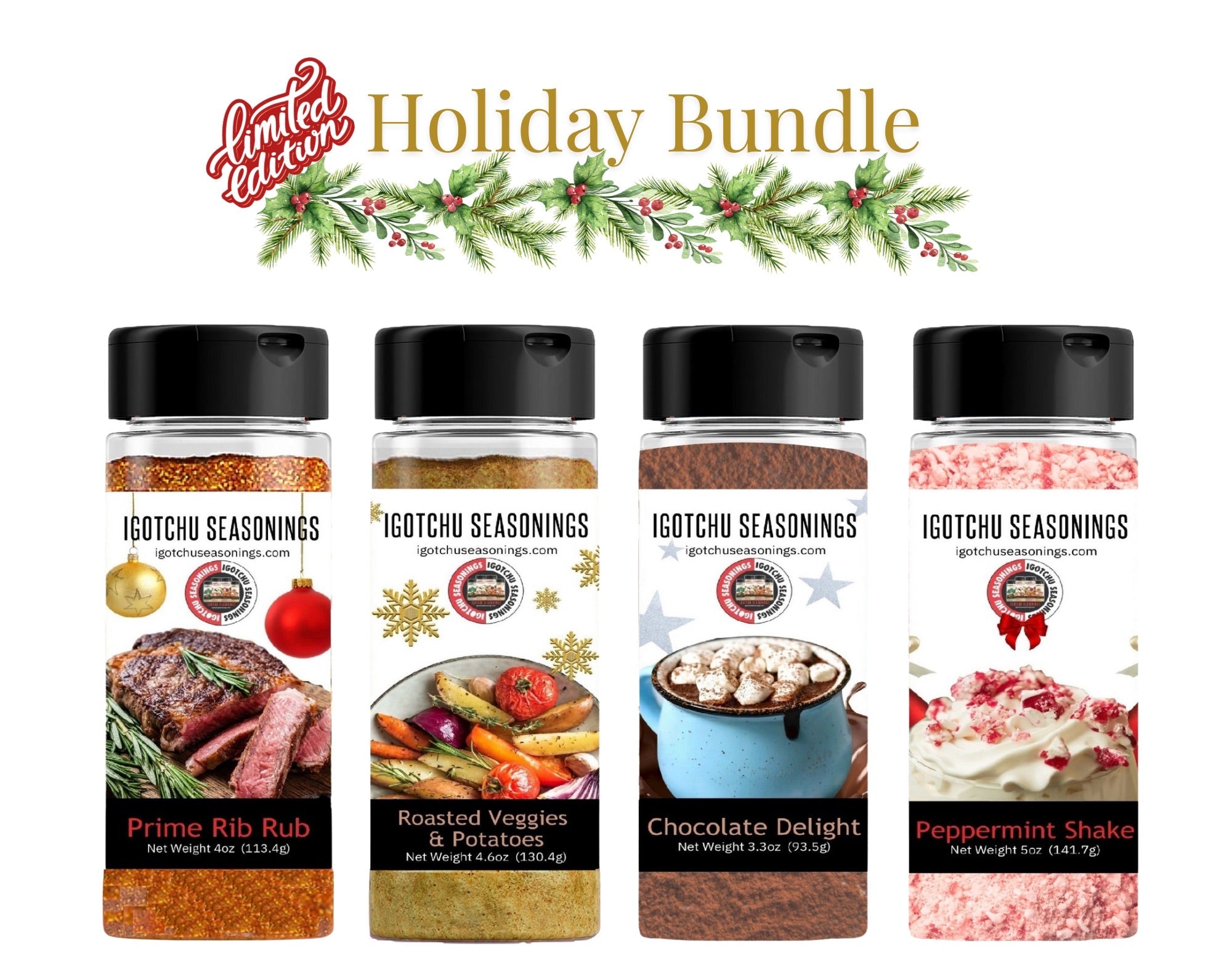 Limited edition holiday 5.5 oz spice bundle from Igotchu Seasonings, featuring a variety of seasonings in festive packaging.