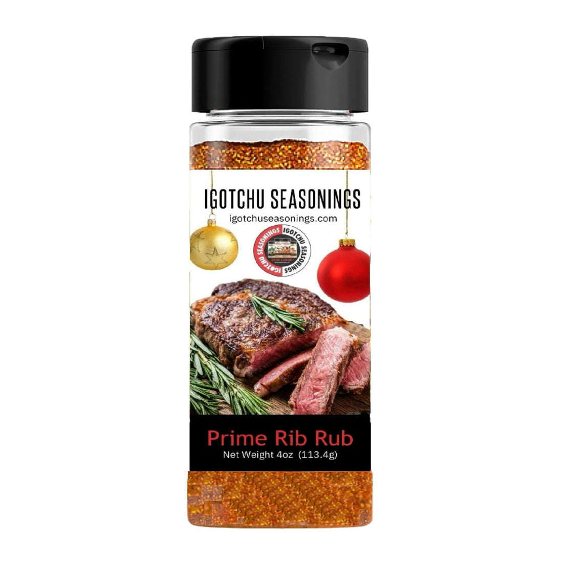 Igotchu Seasonings Prime Rib Rub in a 5.5 oz jar, with a label showing a festive holiday design and seasoning ingredients.