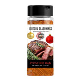 Igotchu Seasonings Prime Rib Rub in a 5.5 oz jar, with a label showing a festive holiday design and seasoning ingredients.