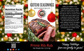 Igotchu Seasonings Prime Rib Rub 5.5 oz holiday limited edition label with spice blend details on a jar lid