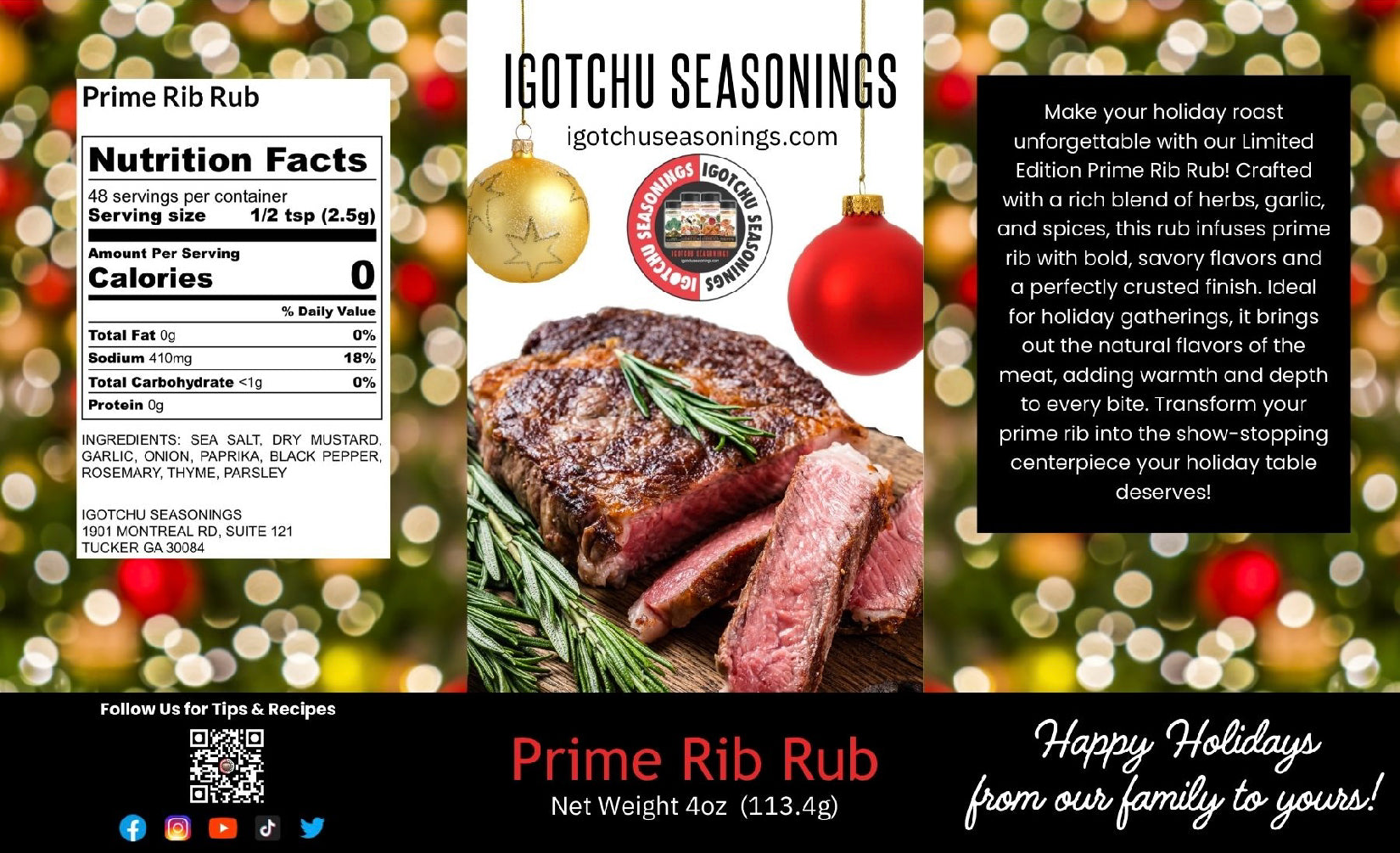 Igotchu Seasonings Prime Rib Rub 5.5 oz holiday limited edition label with spice blend details on a jar lid