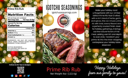 Igotchu Seasonings Prime Rib Rub 5.5 oz holiday limited edition label with spice blend details on a jar lid